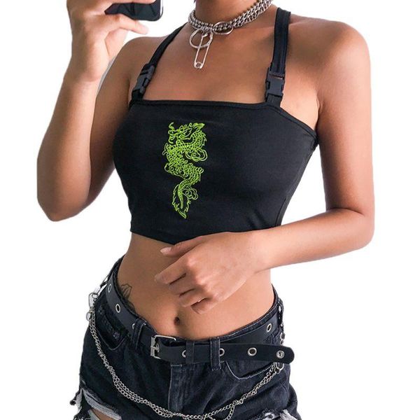 

women's tanks & camis womens chinese dragon embroidery crop tube quick release buckle criss cross strappy vest sleeveless camisole, White