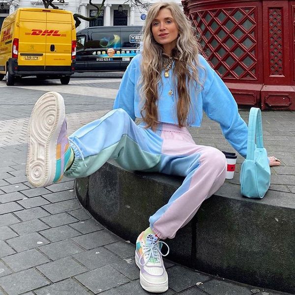 

women's pants & capris contrast color baggy women losse hight jogger sweatpants casual pink blue patchwork high waist trouser female hi, Black;white