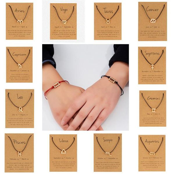 12 pulseiras do zodíaco com cartão constelação do horóscopo charme vermelho corda preto cordões pulseira para mulheres homens domínio de nascimento por atacado