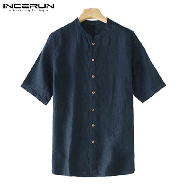 

incerun casual brand shirt short sleeve stand collar cotton vintage fashion leisure men shirts camisa masculina s-5xl, White;black