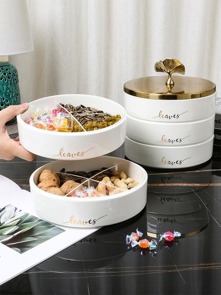 

dishes & plates ceramic dried fruit tray with metal lid and divided nut double layer candy snack storage box light luxury cn(origin)