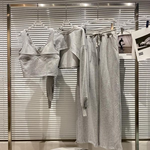 

women's two piece pants deat women long sleeve short strapless sweatershirt vest legged set of three spring fashion pieces summer 11b63, White