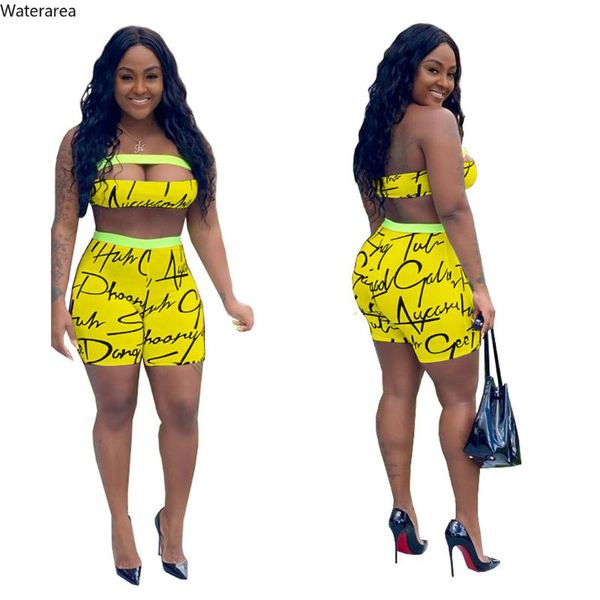 

women letter print two piece set night club party strapless crop shorts pants suit beach tracksuit overall 7 color dress, White