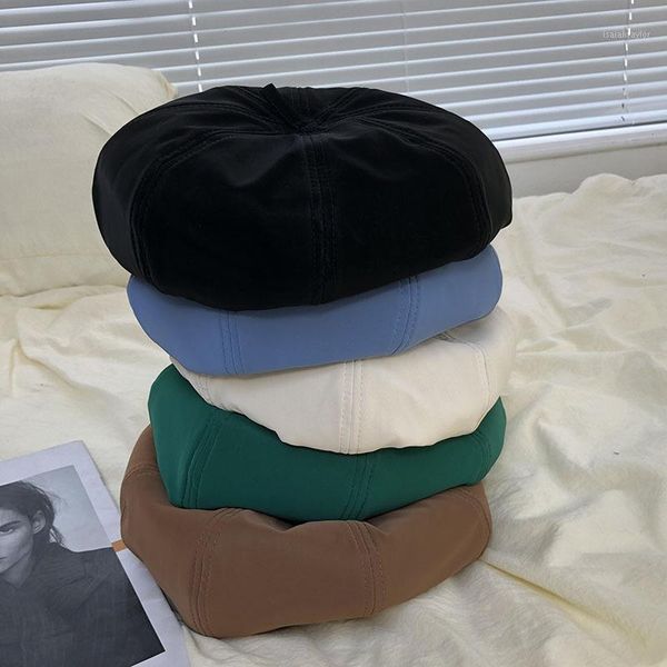 

berets ins beret female autumn and winter pu leather korean retro temperament wild british style painter hat, Blue;gray