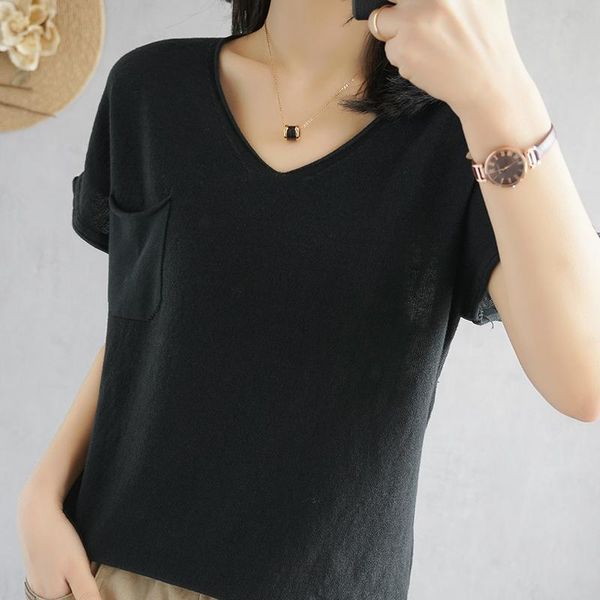 

cotton knitted short sleeve women's 2021 spring and summer pocket v-neck loose thin t-shirt half sl, White