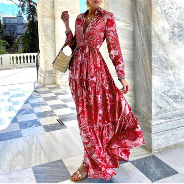 

casual dresses blue maxi for women autumn fashion print turn-down collar long sleeve high waist a-line wiggle dress woman party, Black;gray