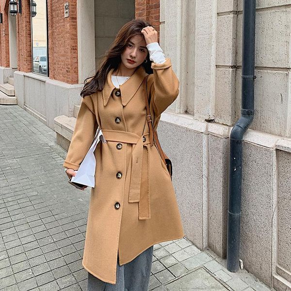 

women's wool & blends 2021 autumn winter double-sided cashmere coat medium long loose large lapel 100 nylon, Black