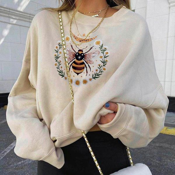 

women's hoodies & sweatshirts bee print loose long-sleeved hooded sweatshirt female casual harajuku plus size clothing, Black