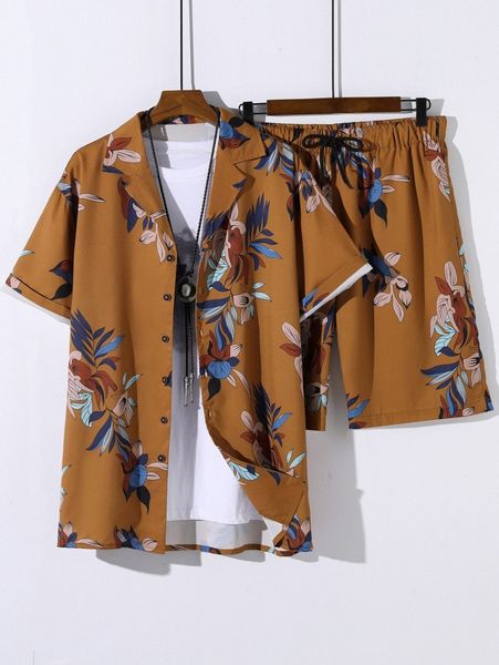 

men random floral print shirt & drawstring waist shorts without tee 82ep#, Gray
