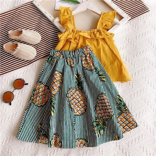 

clothing sets girls clothes set ruffles solid color t shirt+printed striped princess tutu skirt kids summer sleeveless cute children suits, White