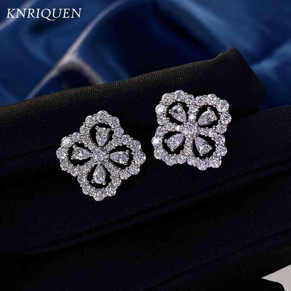 

charms 100% 925 sterling silver full high carbon diamonds 5a zircon four leaf clover stud earrings for women romantic gifts, Golden