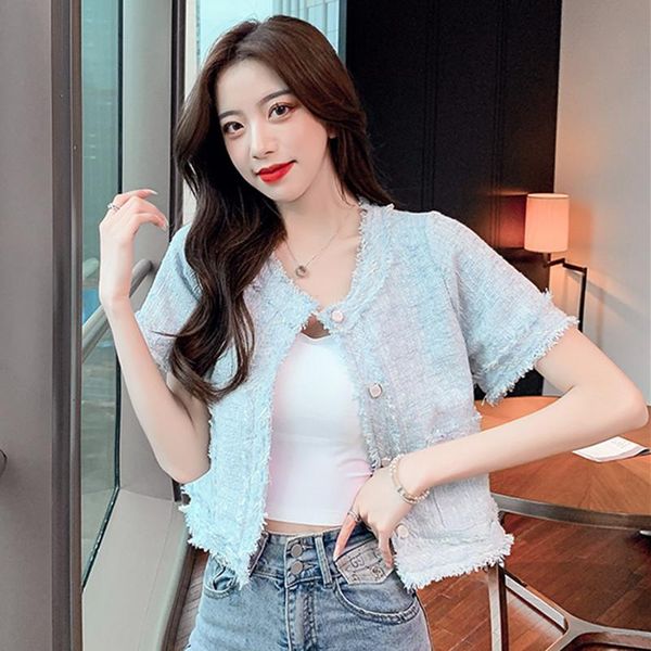 

women's jackets runway summer plaid vintage tweed coat women o-neck short sleeve luxury woolen coats single breasted tassel outwear, Black;brown