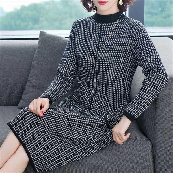 

casual dresses 2021 women's autumn/winter knit dress fashion low collar check spocket loose plus-size midi pattern wool, Black;gray