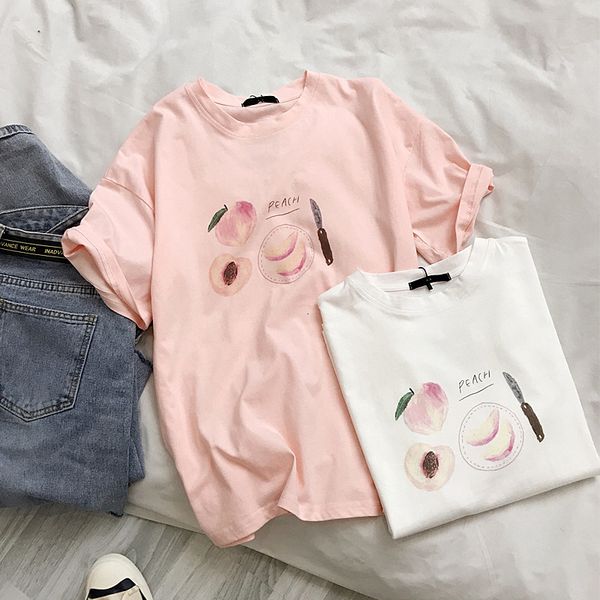 

women's t-shirt 2021 spring summer cute peach print women cotton t-shirts round collar loose casual short sleeve woman female, White