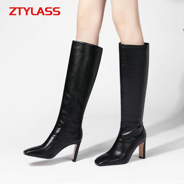 

boots brand women fashion square toe knee high pu leather heel long slip on autumn winter shoes black beige