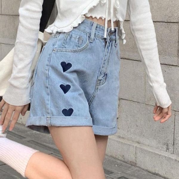 

summer women casual loose wide leg shorts jeans embroidered love high waist denim female women's, White;black