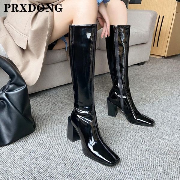 

boots fashion patent leather women autumn winter warm thick high heels square toe dress party knee shoes plus size 42, Black