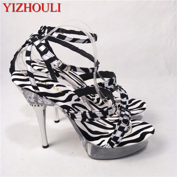 

classic zebra pattern 15cm temptation sandals ultra thin high heels platform shoes 5 inch crystal, Black