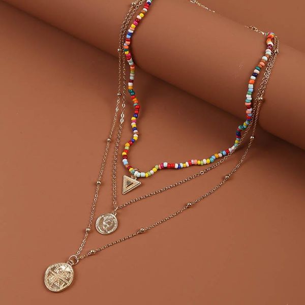 

pcs/set women's boho multicolor beaded chain necklaces fashion gold color metal triangle round coin pendant necklace, Silver
