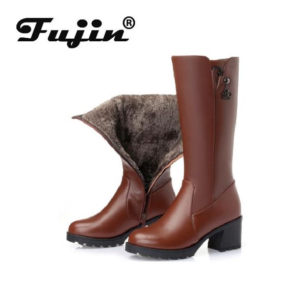 

boots fujin snow wool women warm genuine leather fashion zipper fur plush high platform for winter, Black