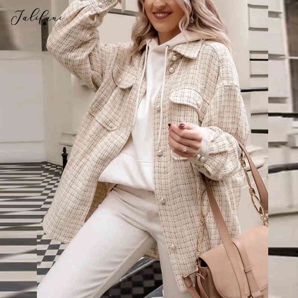 

women chic loose plaid jacket coat pearl decorate vintage outerwear batwing long sleeve jackets with pockets 210415, Black;brown