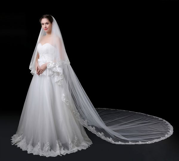 

veil wedding sequins lace applique long tail bridal veils with comb 400*300cm two layers hair special occasion accessories, Black