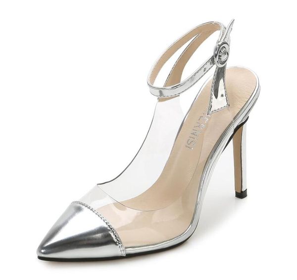 

dress shoes silver pvc sandal fashion pointed toe high heels women transparent heel sandals size 46, Black