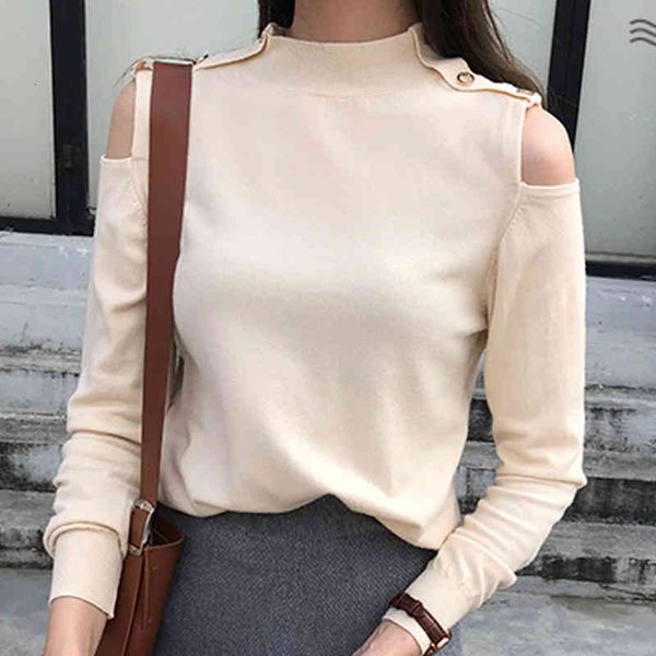 

women's sweaters shintimes turtleneck womens sweater autumn winter women pullover long sleeve off shoulder metal button ladies top, White;black