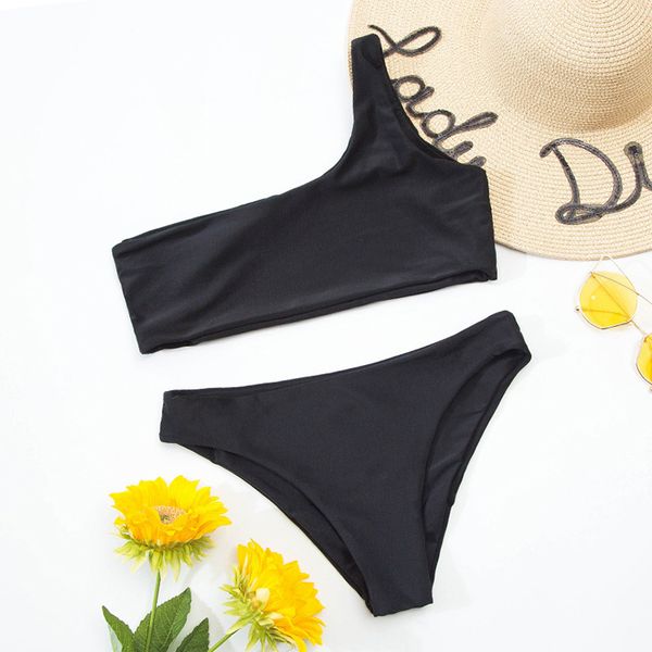 

2021 new one shoulder bikini women solid open back split swimsuit, White;black