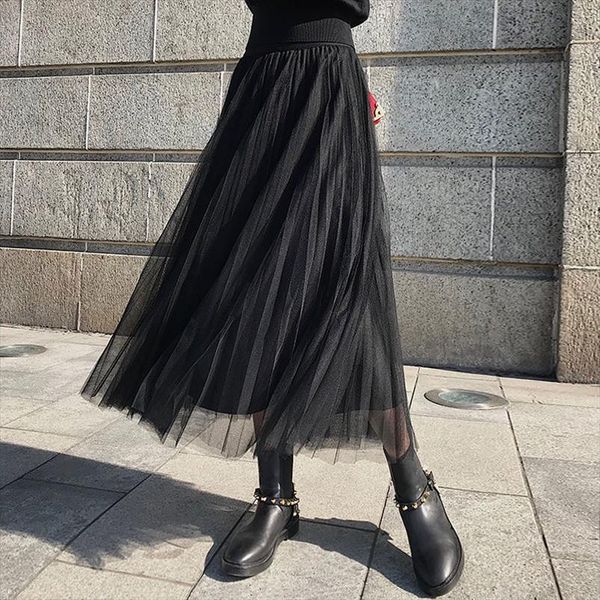 

wang sha qun long women skirt pleated high waisted a line woman skirts mujer faldas saias mulher, Black
