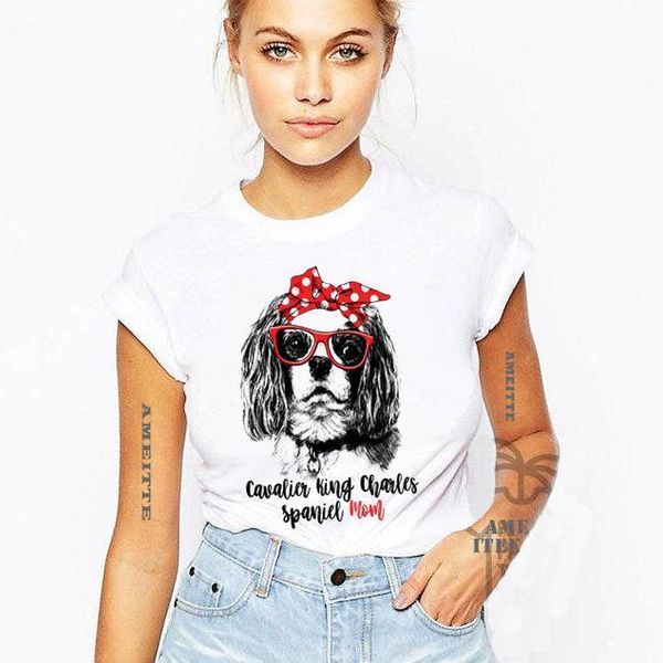 

summer fashion short sleeve women cavalier king charles spaniel dog mom print t shirt funny harajuku casual cute girl, White