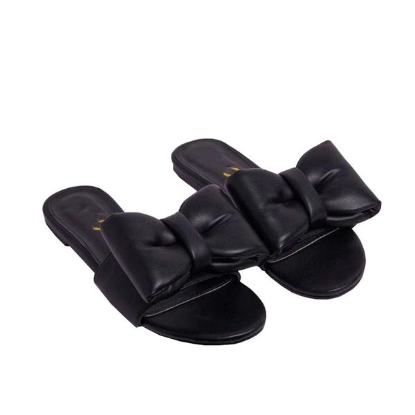 

summer slippers women slip on slides fashion big bow leather flat sandals female outdoor casual shoes non-slip flip flops, Black