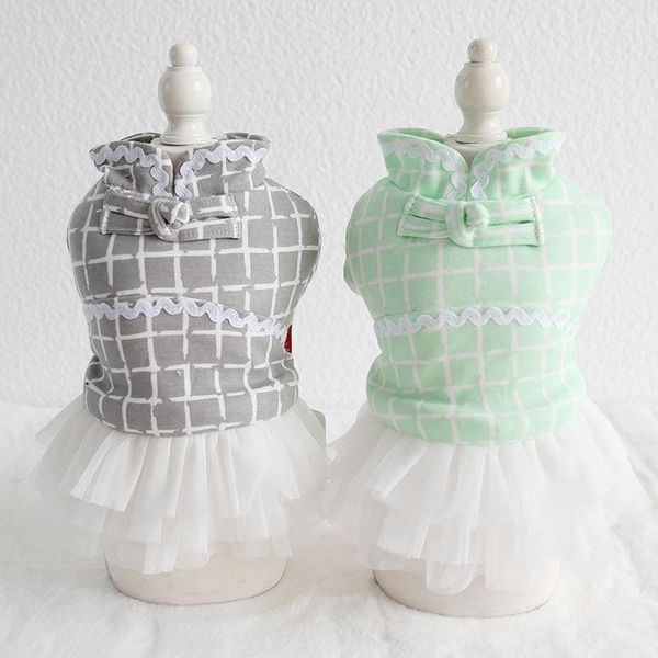

cat costumes pet dress for dog little small green grid lace warm puppies animal tutu party skirt clothes chihuahua