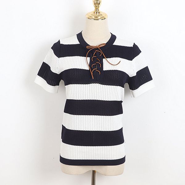 

women's t-shirt 2021 spring summer neckline leather cross tie chic design short sleeve o-neck red striped stretch breathable casual kni, White
