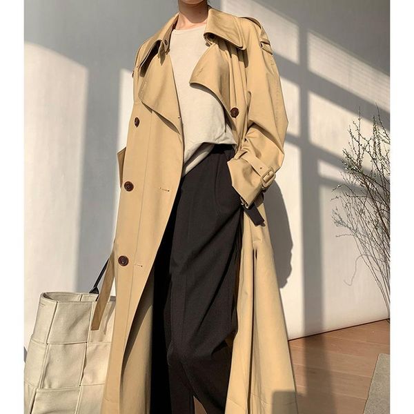 

women's trench coats [ewq] korea chic khaki coat autumn 2021 laple loose lace up waist double breasted long sleeve windbreaker, Tan;black