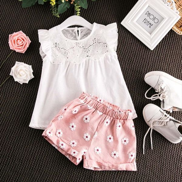 

lovely kid baby girls feather clothes sets summer sleeveless bandage shorts 2pcs outfits fashion clothing 2 7years, White