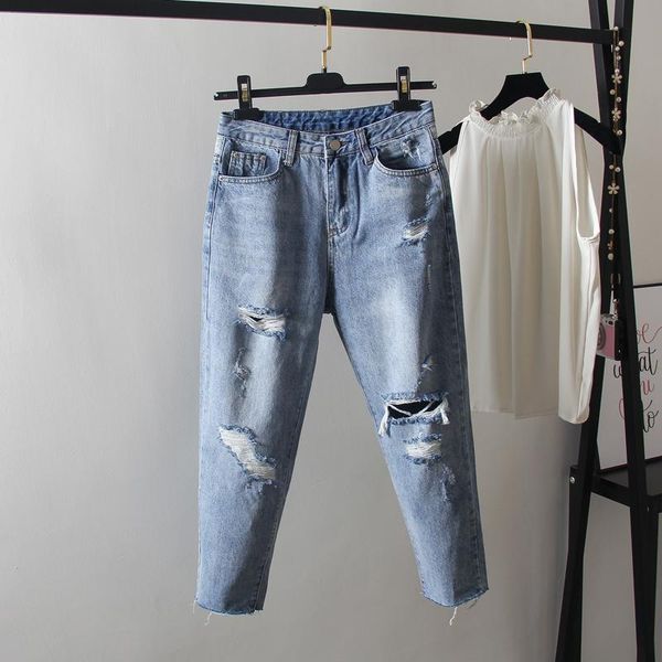 

women's jeans woman plus-size high waist loose harem pants korean style office lady solid hole female denim ankle-length 2021, Blue