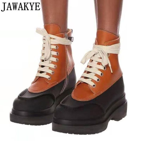 

boots thick sole platform combat color blocking lace up ankle millitary shoes women's winter fashion genuine leather, Black