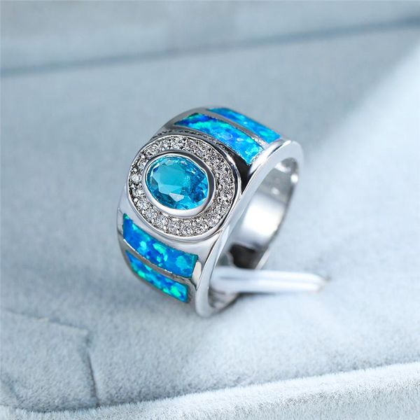 

wedding rings luxury female blue fire opal stone ring vintage silver color for women promise big oval engagement, Slivery;golden