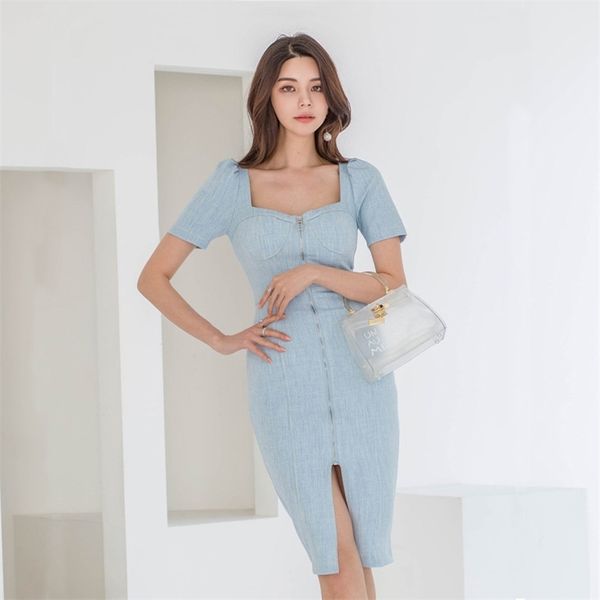 

denim bodycon dress women clothes elegant ladies square neck short sleeve front zipper slim casual clubwear party 210603, Black;gray