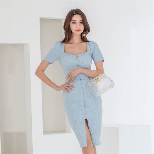 Denim, figurbetontes Kleid Frauen Kleidung Elegante Damen Square Neck Kurzarm Frontreißverschluss Slim Casual Clubwear Party 210603