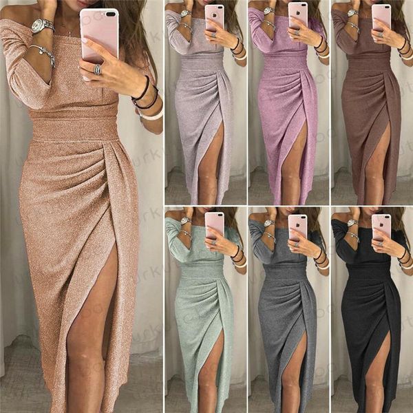 

fashion women business evening party dress off shoulder long sleeve bodycon high waist split for lady casual dresses, Black;gray
