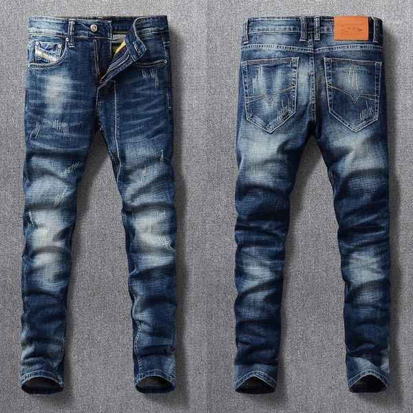 

italian vintage fashion men jeans retro blue slim fit ripped embroidery designer streetwear hip hop pants men's