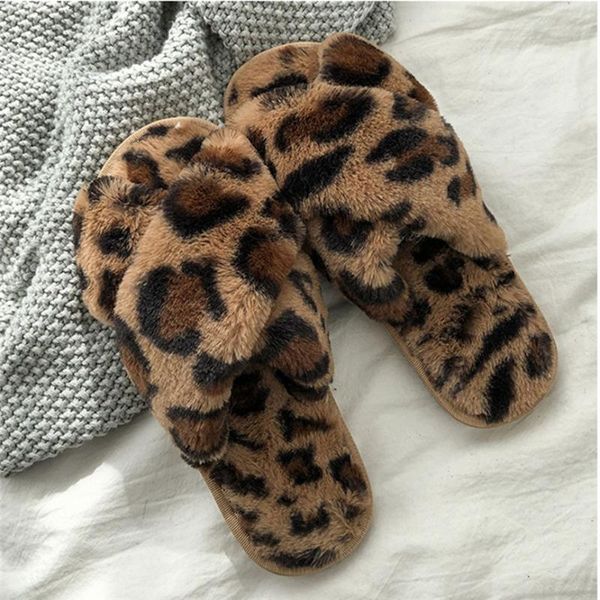 

slippers leopard women winter warm shoes plush soft indoors anti-slip floor bedroom fashion non-slip 2021 30, Black