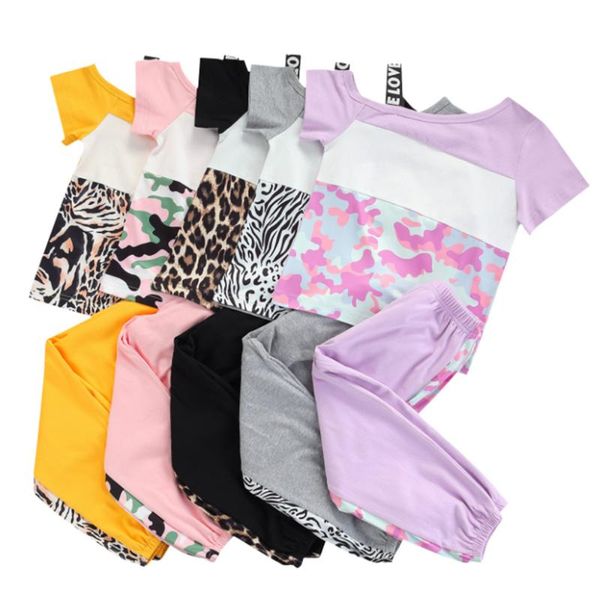 

fashion sport children girl clothing set 2021 summer kid clothes outfit letter short sleeve strap patchwork pant 2pcs sets, White
