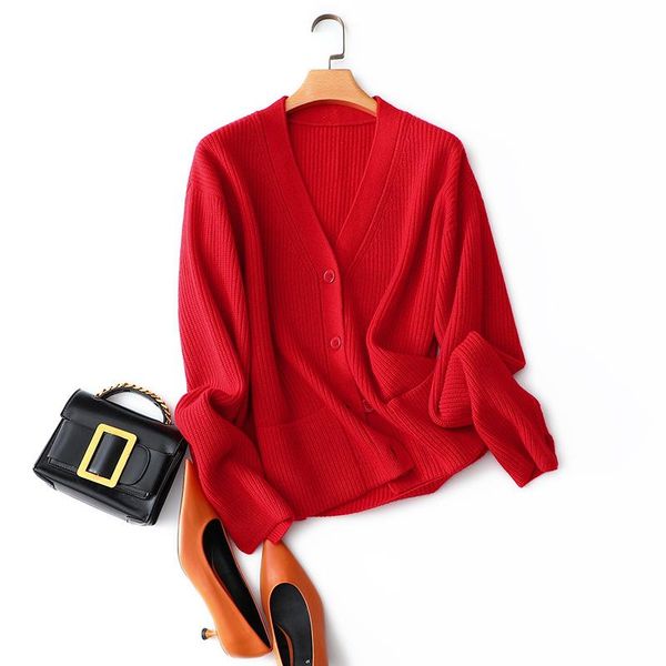 

women's knits & tees winter 2021 womans sweaters 100% cashmere v-neck office lady single breasted solid knitted cardigans loose, White