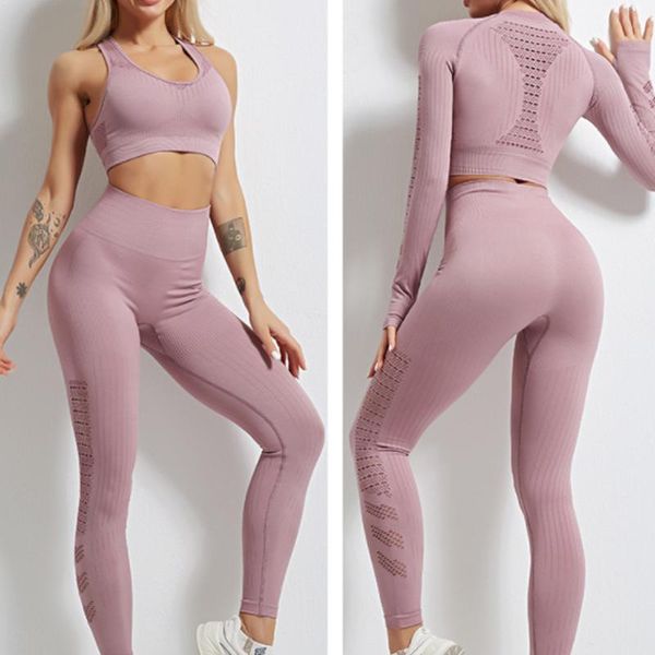 

yoga outfit 2021 hollow out seamless set sport outfits 2 piece women crop long sleeve leggings gym suit fitness workout clothes