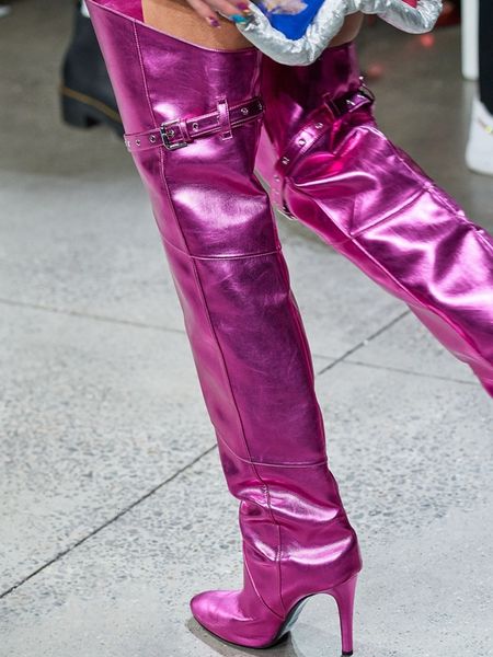 

boot bright leather buckle designer woman shiny on knee pink red boots solid color pointed to thigh high slouch shoes, Black