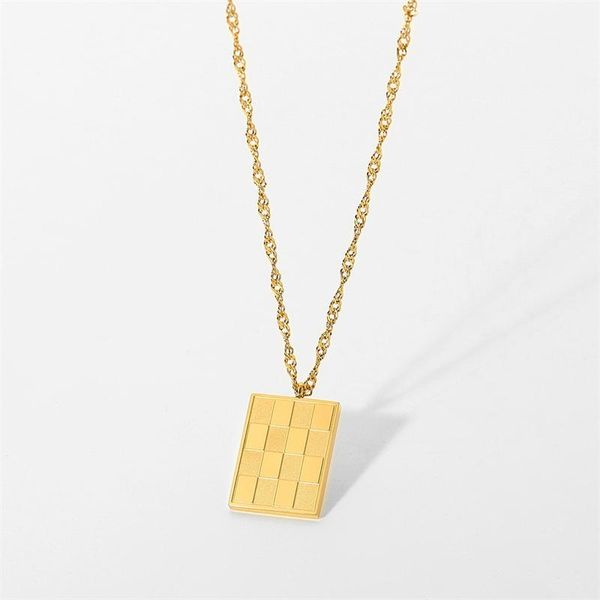 

pendant necklaces vintage stainless steel rectangle checkerboard necklace for women punk men stackable chokers jewelry, Silver
