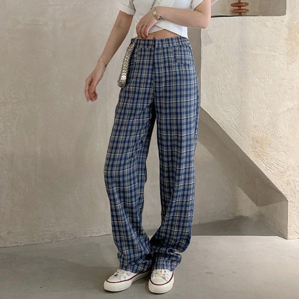 

women's pants & capris mozuleva 2021 summer casual high waist loose straight plaid for women ladies button wide leg trousers female sol, Black;white